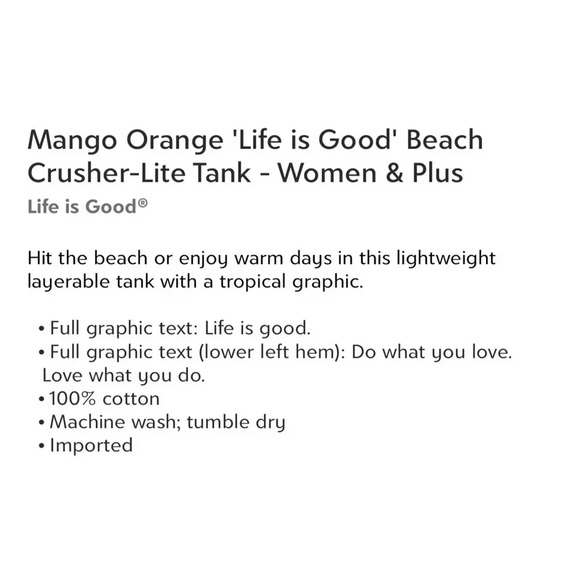 Life is Good Mango Orange Women Size XL Beach Crusher Lite Tank NWT - Picture 3 of 13
